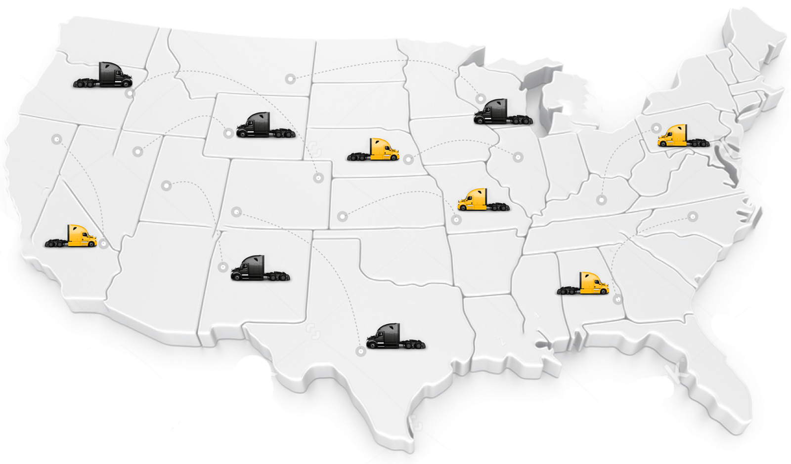 Map of the contiguous United States with equipment transport routes. Meridian also delivers to Alaska and Hawaii.